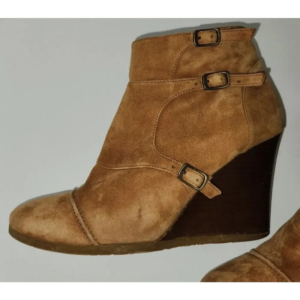Wedge Ankle Boot Buckle Strap Suede Greer Tan Women's sz 9 J. Crew Gum Sole